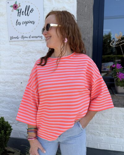 T-shirt marinière Soleil corail + rose